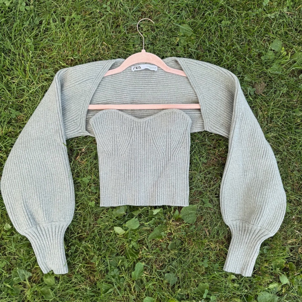 Zara 2-Piece Knit Set Size M Sage Grey Ribbed Bolero Shrug and Tube Top Crop Y2K